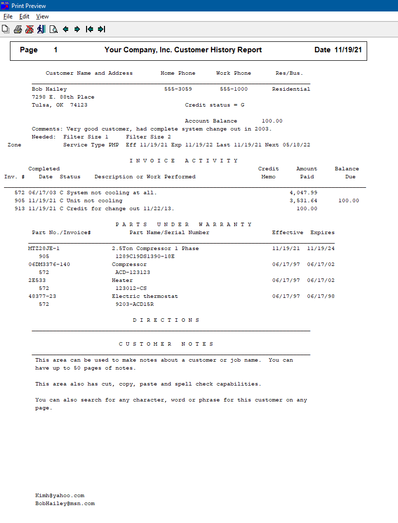 Customer History Report